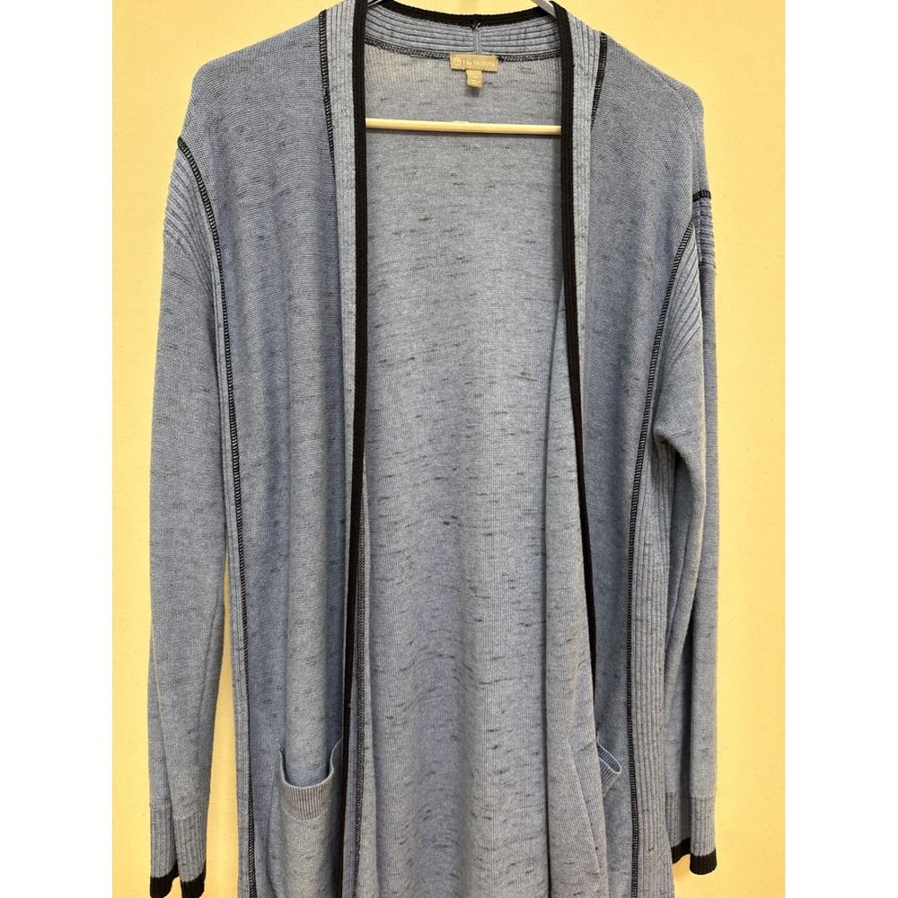 T by Talbots Blue Space Dye Open Front Cardigan Sweater Black Trim Medium